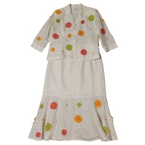 Vintage JSong White Linen Floral Jacket Midi Skirt Set